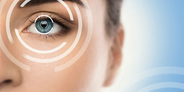 Close-up of female eye. Concepts of laser eye surgery or visual acuity check-up